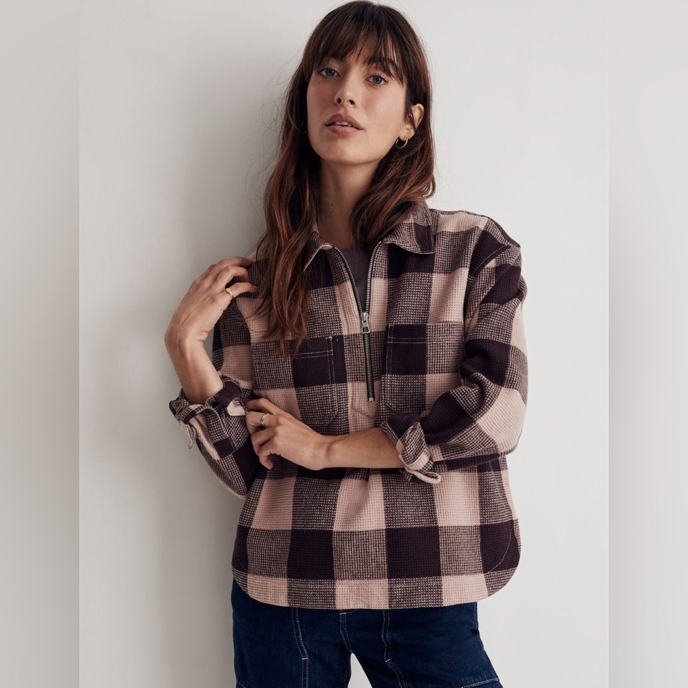 Madewell Women’s Waffle Half-Zip Popover Shirt Checkered Print Brown Sz XS